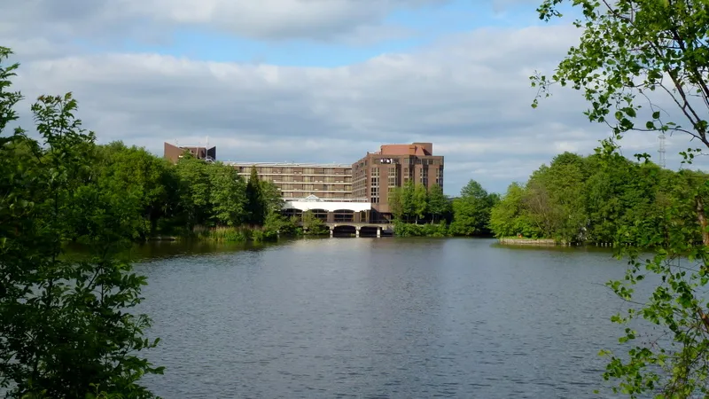 The Hilton Birmingham Metropole seen across the adjacent lake